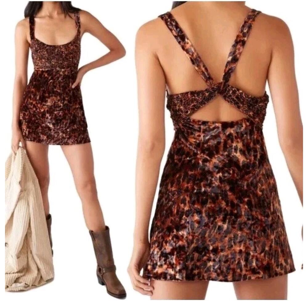 Free People Velvet Mini Dress Virgo Moon Brown Leopard Animal Print S Babydoll